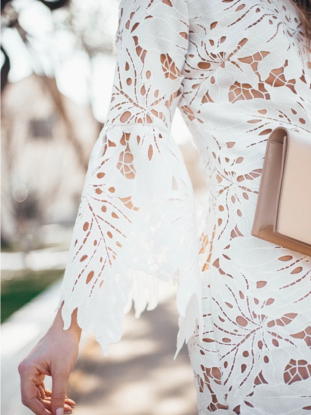 Dress the Population White Floral Cutout Bell Sleeve Mini Dress Cocktail Bridal